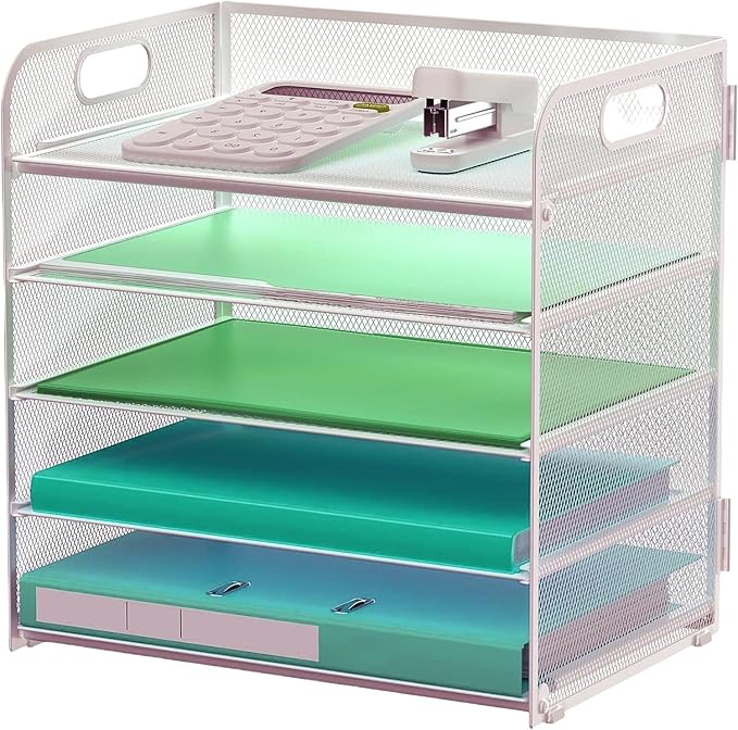 Letter Tray Paper Organizer 5-Tier Desk Organizer File Organizer Paper Holder with Handle, Metal Desktop Document Shelf Tray Office Classroom Organization - Silver