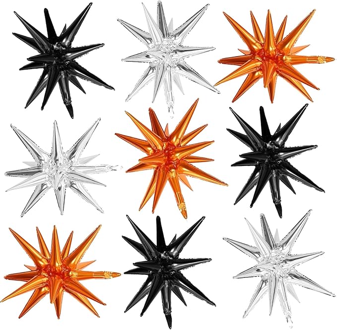 Black Orange Silver Star Balloons,9Pcs 22Inch Black Silver Orange Explosion Spike Cone Helium Polyester Film Star Foil Balloons for Halloween Birthday Anniversary Baby Shower Party Decorations