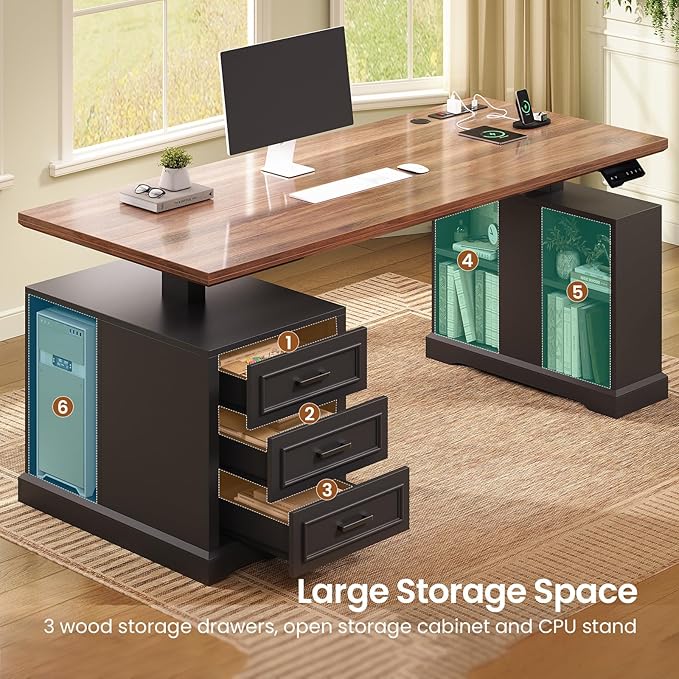 SEDETA Farmhouse Electric Standing Desk, 63" Height Adjustable Computer Desk with 3 Drawers, Storage Shelves, Power Outlets, Wood Home Office Stand up Desk for Work, Study, Writing, Black