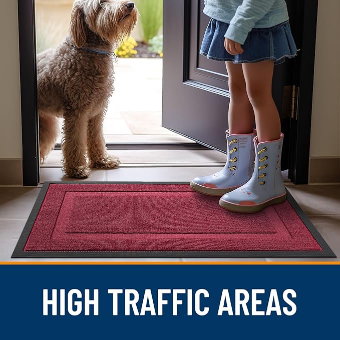 OLANLY Front Door Mat Indoor Outdoor Entrance, Waterproof All-Season, All-Weather Doormat, Sturdy Natural Rubber, Low Profile, Easy Clean Patio Porch Entryway Mat, 59x23, Burgundy