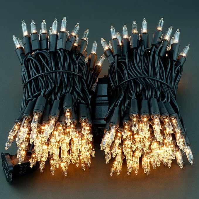 YULETIME 200 Clear Christmas Lights with Black Wire, Pack of 2 Strands of 21 ft 100 Count UL Certified Incandescent Mini String Light (Clear - Black Wire)