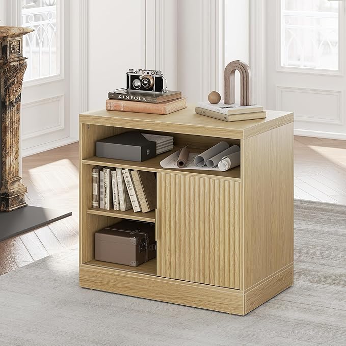 Fluted File Cabinet with Door, 32'' Lateral File Cabinet with Open Adjustable Shelves, Wood Filing Cabinet with Sliding Door for Home Office, Light Walnut