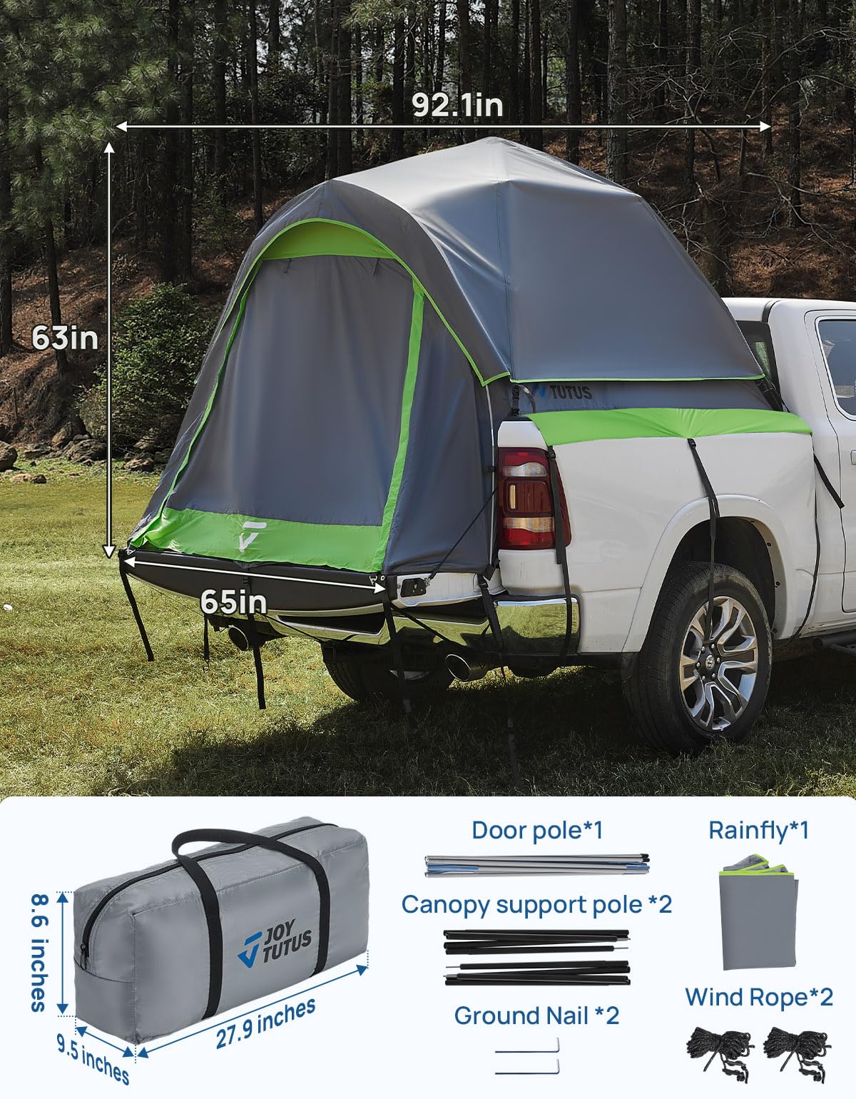 JOYTUTUS Semi-Automatic Truck Bed Tent with Awning, Easy Set-up with Pre-Assembled Design, 2 Person Portable Truck Camping Tent with Rainfly for 5.5FT-5.8FT Pickup Truck Bed, Waterproof PU2000mm