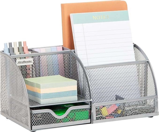 Mind Reader 7-Compartment Desktop Organizer, File & Accessory Storage, Metal Mesh Office Organizer for Desk, Workspace, Mail, Silver