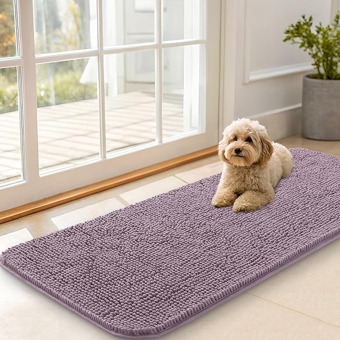 OLANLY Dog Door Mat for Muddy Paws 47x20, Absorbs Moisture and Dirt, Absorbent Non-Slip Washable Doormat, Quick Dry Chenille Mud Mat for Dogs, Entry Indoor Entryway Carpet for Inside Floor, Deep Plum