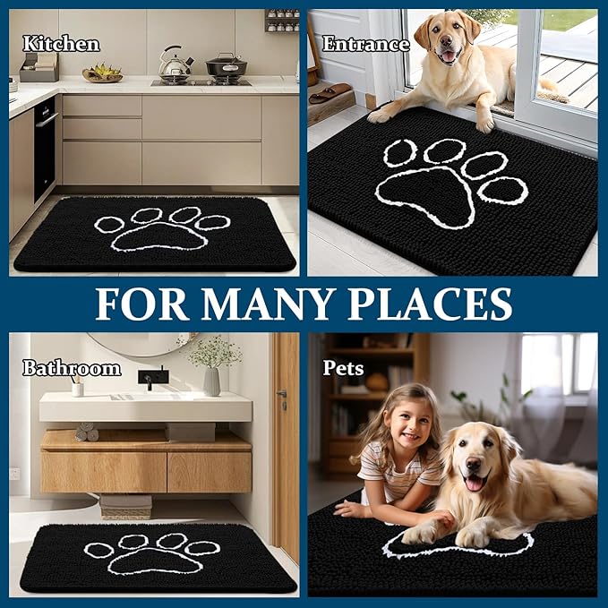 OLANLY Dog Door Mat for Muddy Paws 47x20, Paw Print Design, Absorbs Moisture and Dirt, Absorbent Non-Slip Washable Doormat, Quick Dry Chenille Mud Mat for Dogs, Entry Indoor Entryway Carpet, Black