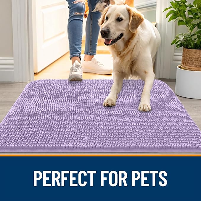 OLANLY Dog Door Mat for Muddy Paws 40x32, Absorbs Moisture and Dirt, Absorbent Non-Slip Washable Doormat, Quick Dry Chenille Mud Mat for Dogs, Entry Indoor Entryway Carpet for Inside Floor, Lavender