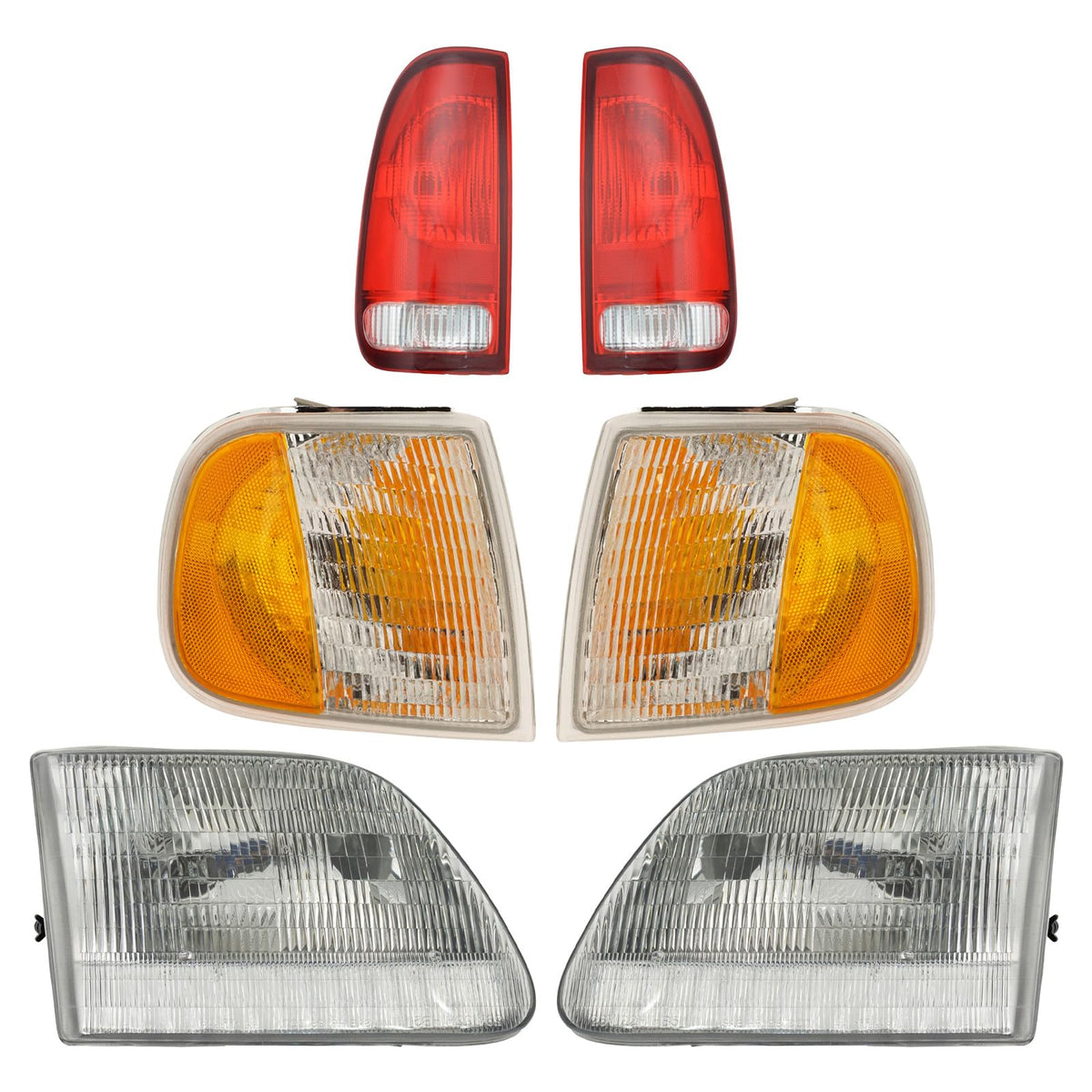 TRQ 6 Piece Headlight & Tail Light Assembly Set for 1997-2003 Ford F150, Clear, Model LKA55995