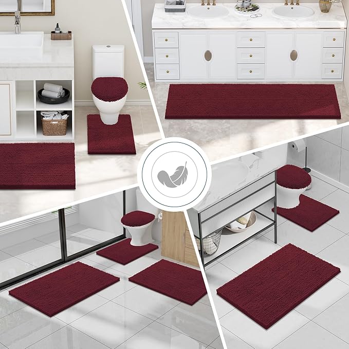 Smiry Luxury Chenille Bathroom Rugs 59x24, Extra Soft and Absorbent Shaggy Bath Mat, Machine Washable, Non-Slip Plush Carpet Runner for Tub, Shower, and Floor, Home Decor Accessories, Burgundy