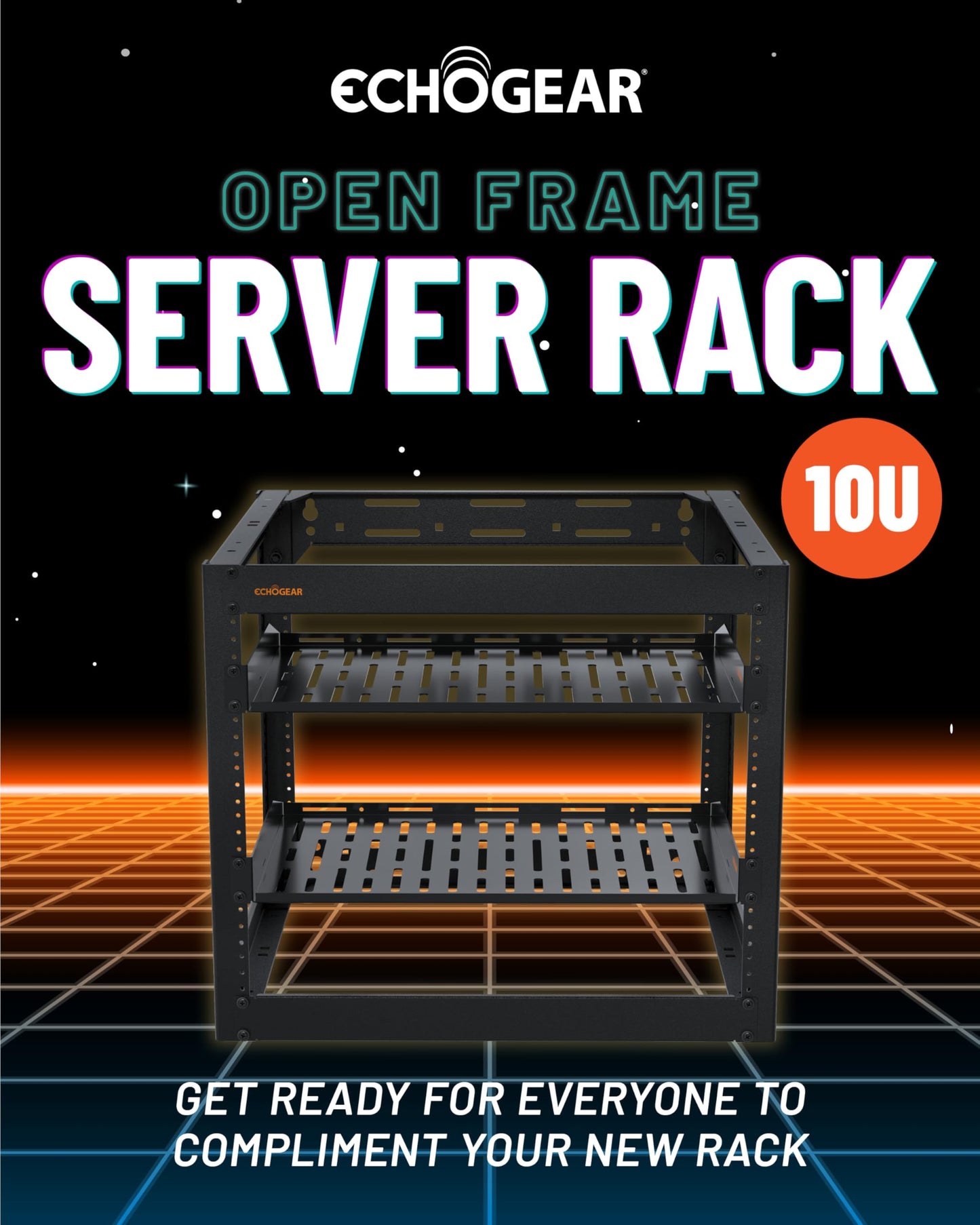 ECHOGEAR 10U Network Rack - Wall Mountable Heavy Duty 4 Post Design Holds All Your Networking & AV Gear - Open Frame Design Includes 2 1U Vented Shelves & Mounting Hardware