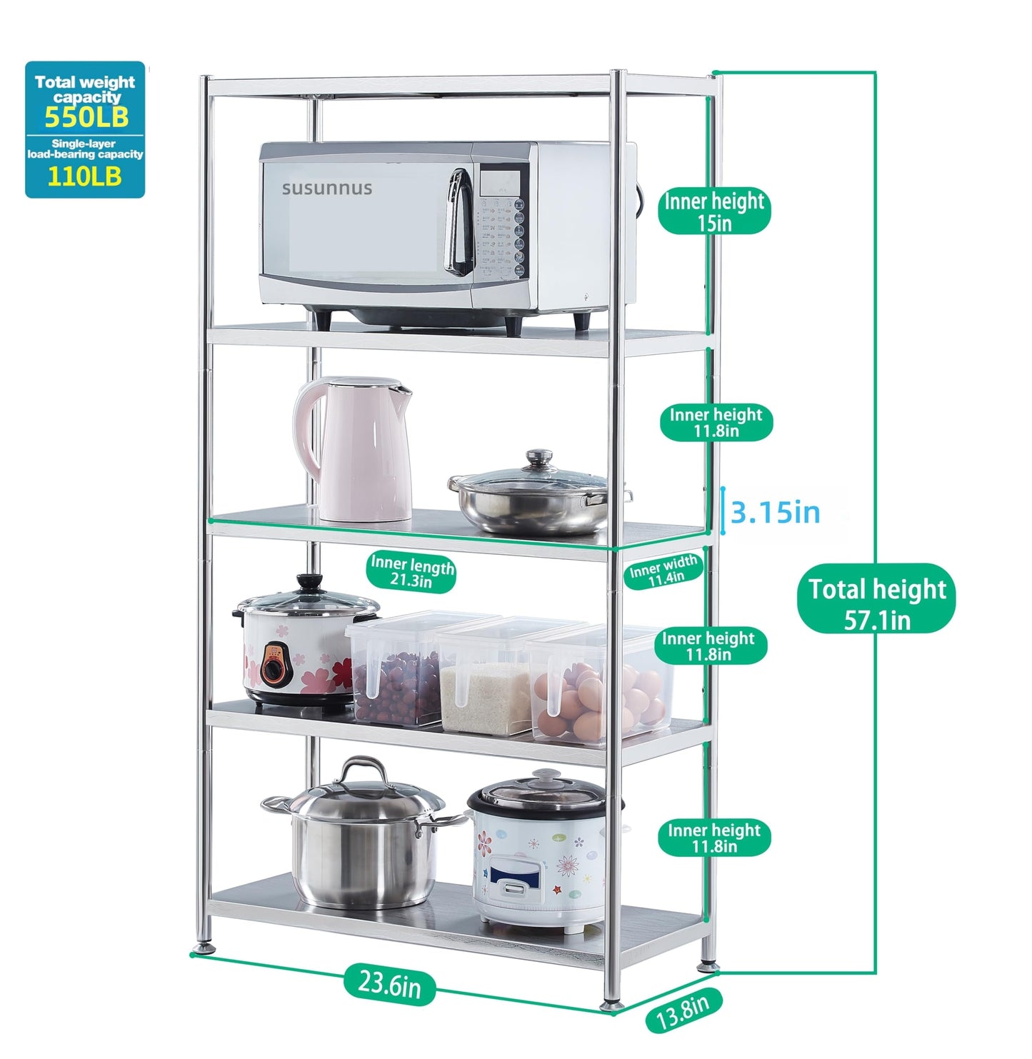susunnus Stainless Steel Shelves 23.6in-5 Tier, Stainless Steel Shelf Organizer, Kitchen Storage Shelves,Artistic Texture, Pragmatic & Sturdy & Waterproof