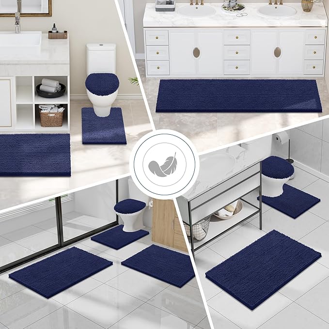 Smiry Luxury Chenille Toilet Rugs U-Shaped 24x20, Soft Absorbent Non-Slip Contour Bathroom Rugs for Toilet, Machine Washable Contoured Bath Mats, Navy Blue
