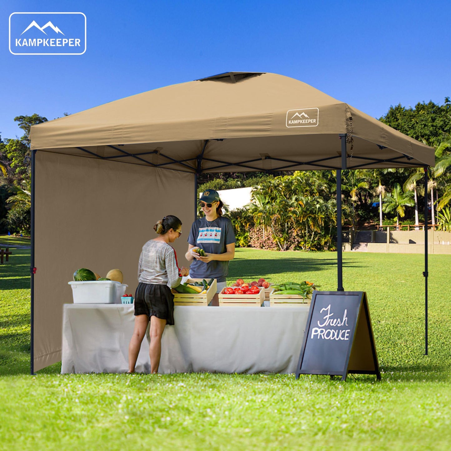KAMPKEEPER 10x10 Pop-Up Canopy Tent, Waterproof, Portable Shade with Side Walls, Adjustable Instant Outdoor Shelter for Camping, Backyard, and Events, Khaki