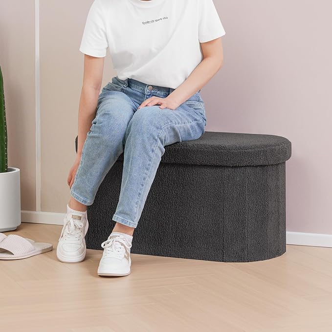 B FSOBEIIALEO Ottoman with Storage for Living Room, Sherpa Folding Storage Ottoman Foot Rest, 30 Inches Collapsible Bedroom Bench Dark Grey