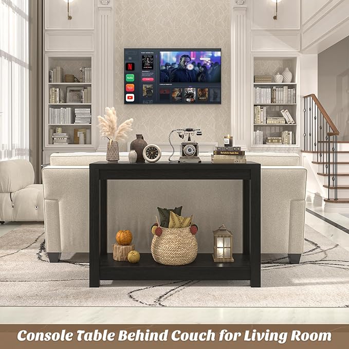 Small Farmhouse Wood Entryway Table Narrow Console Table with Storage Behind Couch Sofa Table with Shelves Entry Way Table with Open Storage, Easy Assembly, 32" Embossed Wood Grain Black