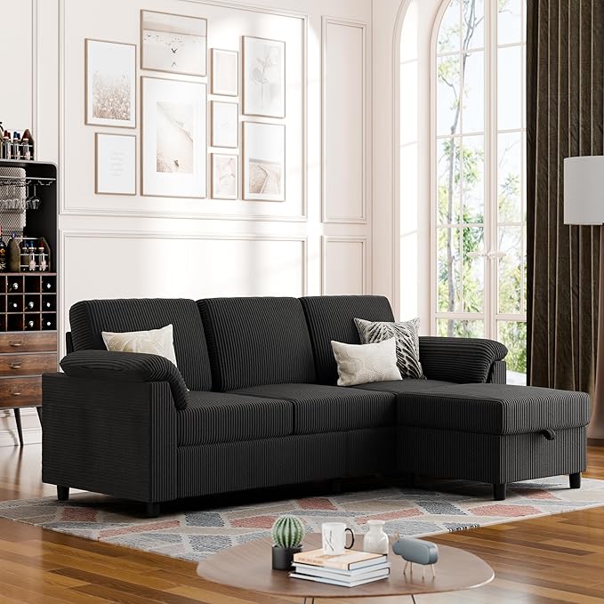 Vongrasig Convertible Sectional Couches, 3 Seat L Shaped Couch Sofa with Removable Pillows Soft Corduroy Fabric Small Couch Mid Century for Living Room, Apartment and Office Black