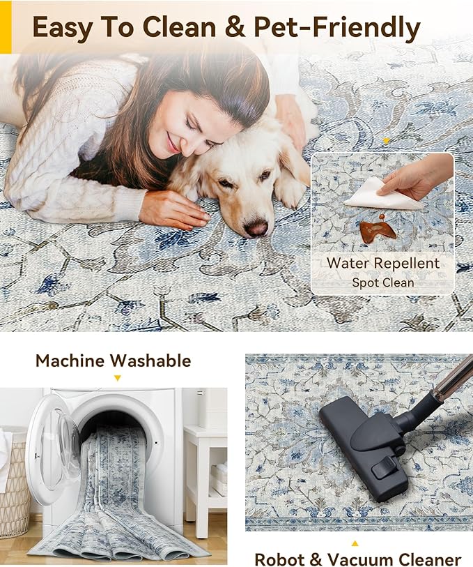 Area Rugs 3'x6' Runner Rug Non Slip Washable for Kitchen Hallway Bedroom Beside Laundry Room Bathroom Rug, Floor Carpet, Light Blue Navy Beige Gray White