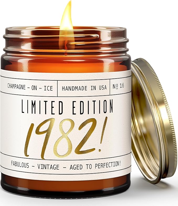 43rd Birthday Gifts for Women - 'Limited Edition 1982' Soy Candle, w/Champagne on Ice I 43 Birthday Gifts for Women I 43rd Gift for Her Ideas I 9oz Reusable Jar, 50Hr Burn, Made in USA