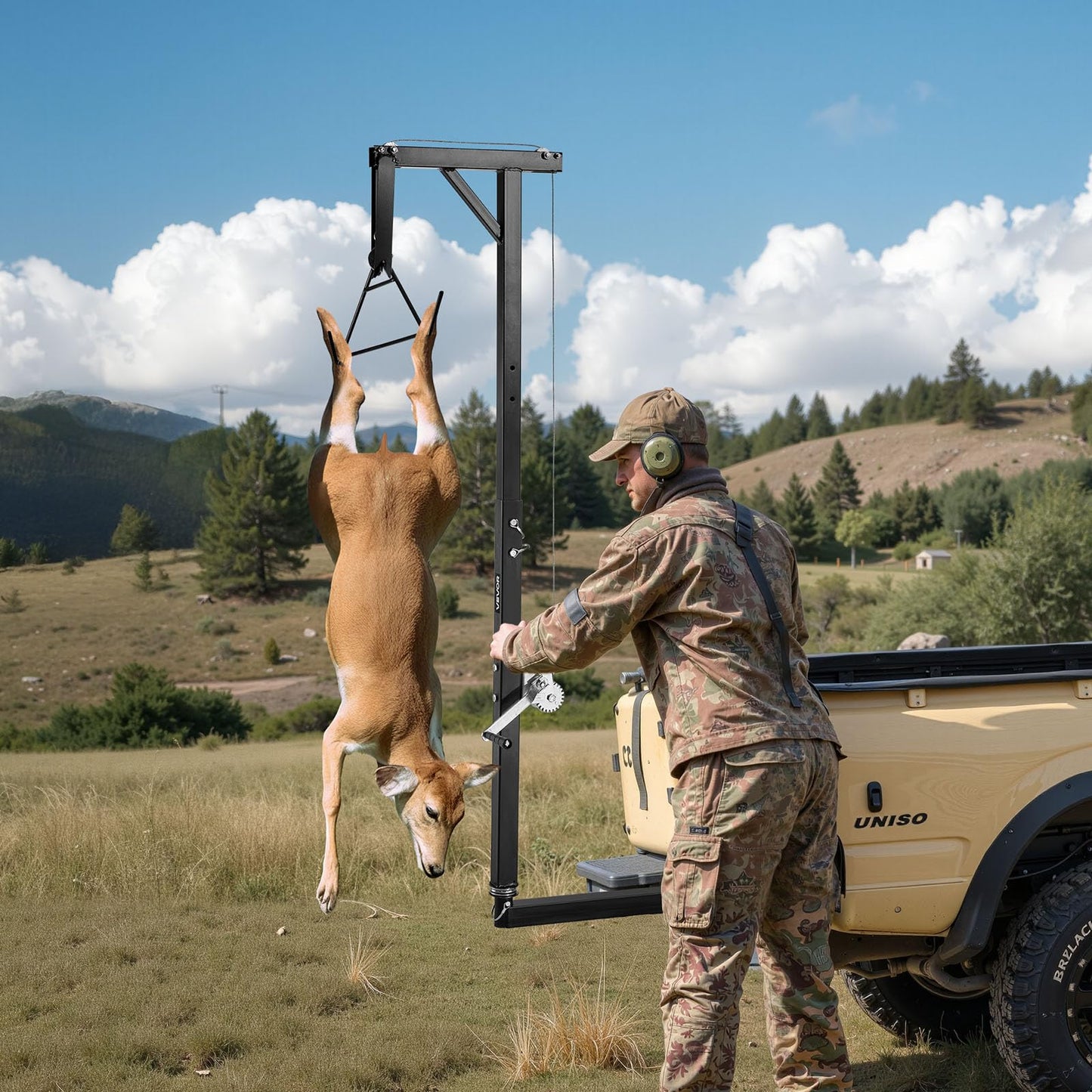 VEVOR Truck Hitch Game Hoist, 300 lbs Load Capacity, Hunting Deer Hoist with 2-inch Receiver, 360-Degree Swivel Shaft & Adjustable Height, Includes Gambrel Winch for Skinning & Cleaning Game