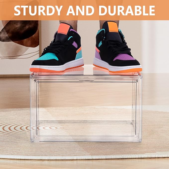Acrylic Shoe Storage Boxes with Magnetic Door - 360° Clear Stackable Shoe Display Box Set, Plastic Shoe Cabinet Rack Box for Sneakers Heels Shoes (1, Clear, XL - Side Open)
