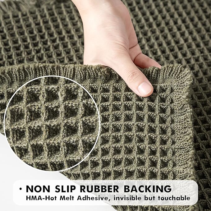 MIULEE Set of 2 Waffle Bathroom Rugs, Super Absorbent Non Slip Bath Rugs, Washable Bath Mats with Tassels, Ultra Soft Rubber Backed Shower Mats for Bathroom Floor, Tub, Green, 18x30 Inch