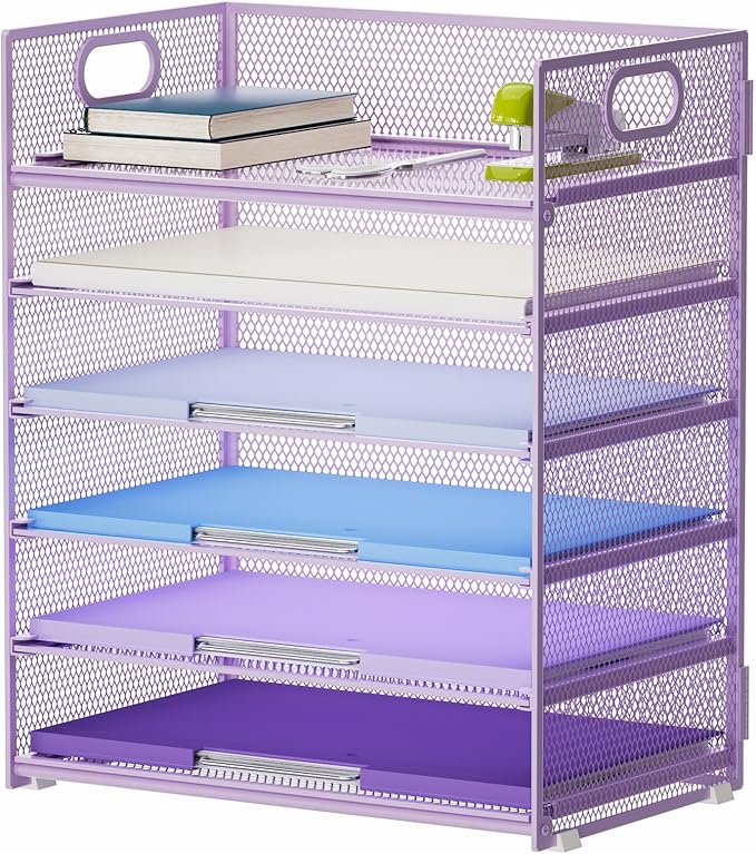 Marbrasse 6 Tier Paper Organizer Letter Tray - Mesh Desk File Organizer with Handle, Paper Sorter for Letter/A4 Office File Folder Holder - Purple