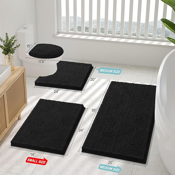 Smiry Luxury Chenille Bathroom Rugs 59x20, Extra Soft and Absorbent Shaggy Bath Mat, Machine Washable, Non-Slip Plush Carpet Runner for Tub, Shower, and Floor, Home Decor Accessories, Black