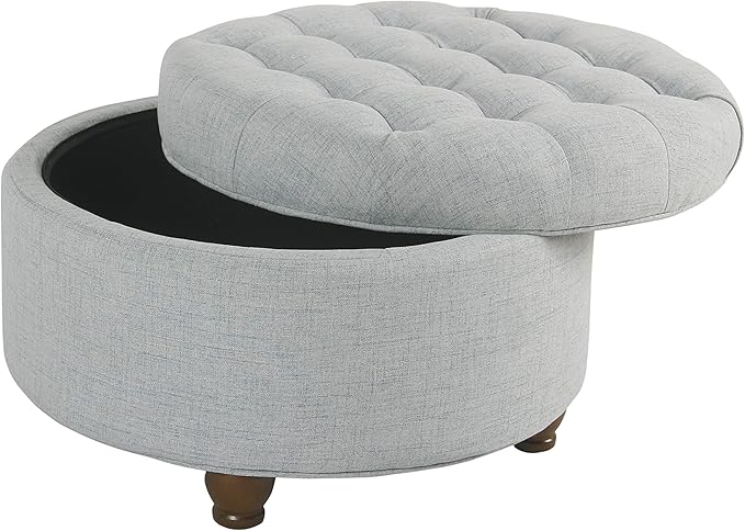 Homepop Home Decor | Button Tufted Woven Round Storage Ottoman | Ottoman with Storage for Living Room & Bedroom (Light Blue)