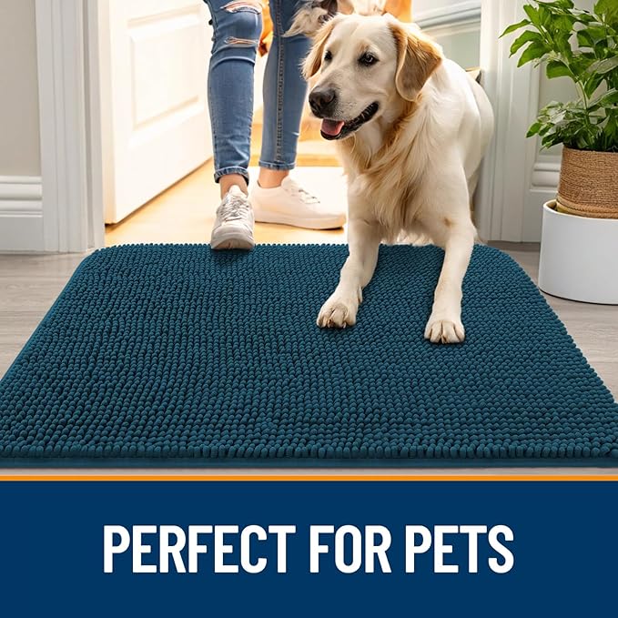 OLANLY Dog Door Mat for Muddy Paws 70x46, Absorbs Moisture and Dirt, Absorbent Non-Slip Washable Doormat, Quick Dry Chenille Mud Mat, Entry Indoor Entryway Carpet for Inside Floor, Atlantic Blue