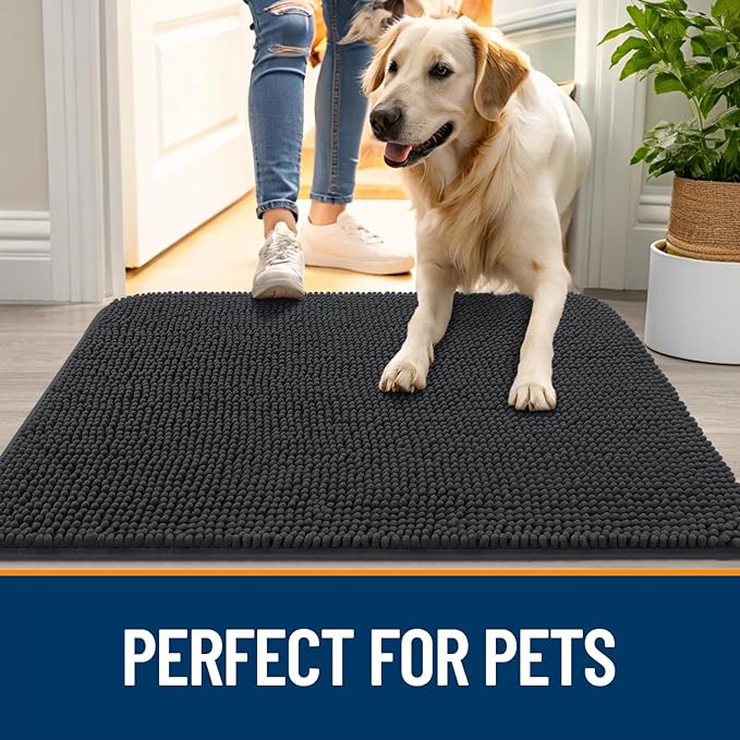 OLANLY Dog Door Mat for Muddy Paws 47x24, Absorbs Moisture and Dirt, Absorbent Non-Slip Washable Doormat, Quick Dry Chenille Mud Mat for Dogs, Entry Indoor Entryway Carpet for Inside Floor, Dark Grey