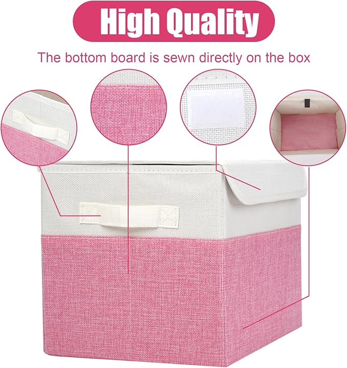 Large 22 Quart Linen Fabric Foldable Storage Bin Cube Organizer Basket with Flip-Top Lid & Handles, Clothes Blanket Box for Home, Office, Closet, Pink & White, 4 Pack 14.6 x 9.5 x 9.5