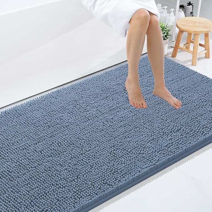 Smiry Luxury Chenille Bathroom Rugs 59x35, Extra Soft and Absorbent Shaggy Bath Mat, Machine Washable, Non-Slip Plush Carpet Runner for Tub, Shower, and Floor, Home Decor Accessories, Grayish Blue