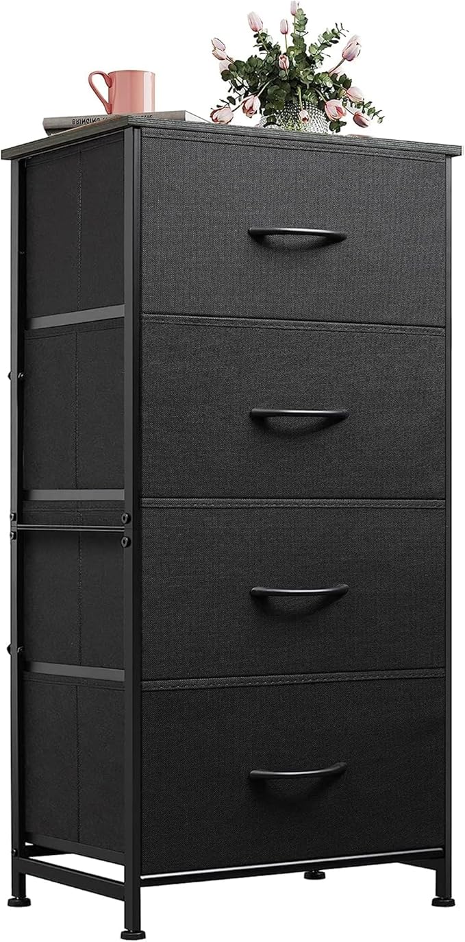 WLIVE Dresser with 4 Drawers, Fabric Storage Tower, Organizer Unit for Bedroom, Hallway, Entryway, Closets, Sturdy Steel Frame, Wood Top, Easy Pull Handle, Charcoal Black