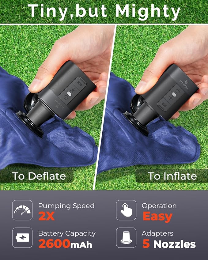 ETENWOLF AIR 3 Air Pump for Inflatables with 2600 mAh Battery & Camping Light, Ultra-Fast and Mini Electric Air Pump, Inflate Deflate for Air Mattress, Pool Floats, Vacuum Storage Bags