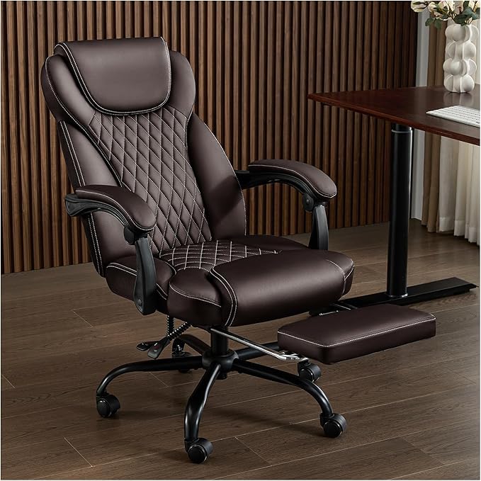 Office Chair, Big and Tall Office Chair with Foot Rest Ergonomic Desk Chairs Reclining High Back Leather Chairs with Lumbar Support(Brown)
