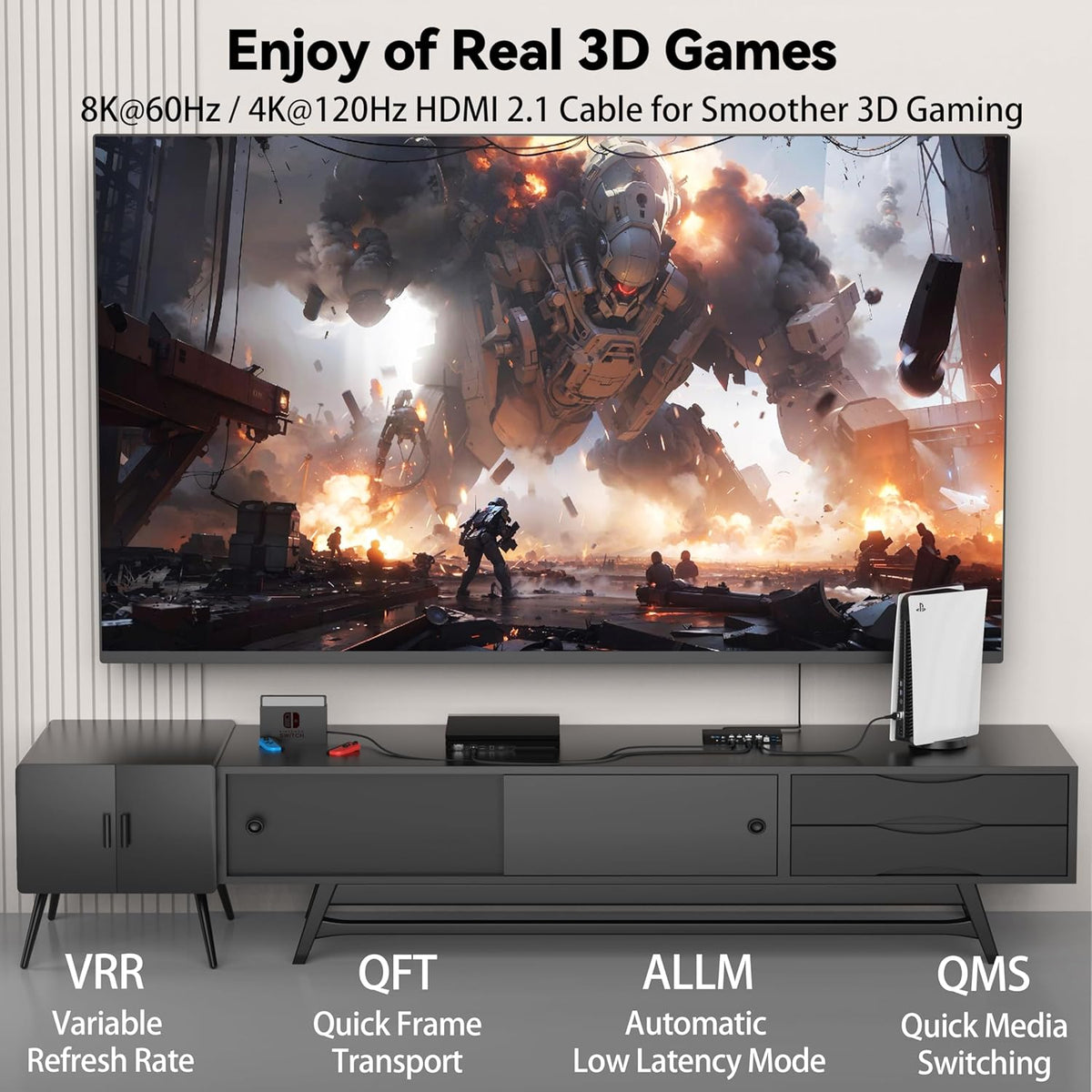 8K 10 4-Pack, 2.1 8K@60Hz, 4K@120Hz, HDR10+, 3D, 2.3 PS5, HDMI Cable FT HDMI Gaming Cord, Support Dynamic SBTM, VRR