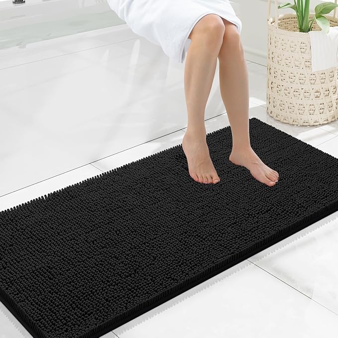 Smiry Luxury Chenille Bathroom Rugs 47x20, Extra Soft and Absorbent Shaggy Bath Mat, Machine Washable, Non-Slip Plush Carpet Runner for Tub, Shower, and Floor, Home Decor Accessories, Black