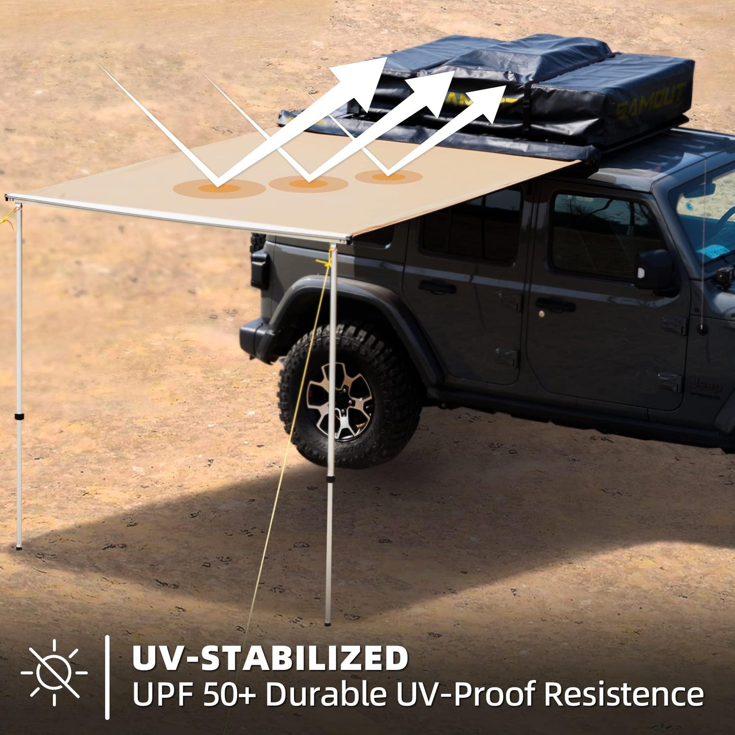 SAMOUT Vehicle Awning, 4.6ft x 8.2ft, Rooftop Pullout Ripstop UPF50+ Side Awning, Reinforced Hinges & Poles for Jeep/SUV/Truck/Van