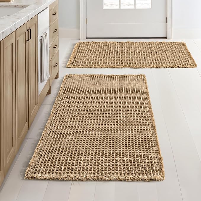 MIULEE Set of 2 Waffle Bathroom Rugs, Boho Bath Rugs Non Slip Washable, Super Absorbent Bath Mats, Ultra Soft Rubber Backed Shower Mats for Bathroom Floor, Tub and Shower, Brown, 20x32 Inch