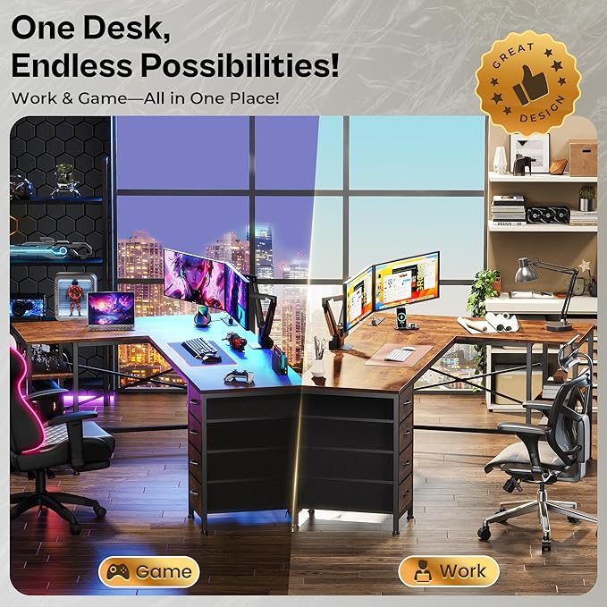 Huuger 55 Inch L Shaped Desk with Fabric Drawers, Reversible Computer Gaming Desk with Power Outlets and USB-C Port, Adjustable Side Storage Shelves, for Work Study Corner Home Office, Rustic Brown