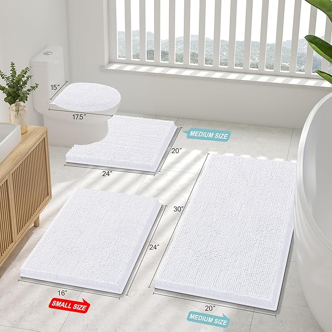 Smiry Luxury Chenille Bathroom Rugs 47x20, Extra Soft and Absorbent Shaggy Bath Mat, Machine Washable, Non-Slip Plush Carpet Runner for Tub, Shower, and Floor, Home Decor Accessories, White