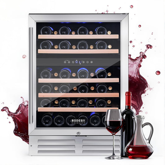 BODEGA 24 Inch Dual Zone Wine Fridge, 46 Bottle Built-in Wine Cooler with Compressor Cooling, Double-Layer UV Glass Door, Digital Thermostat & ≤35dB Quiet – Freestanding Fridge for Home Kitchen Bar