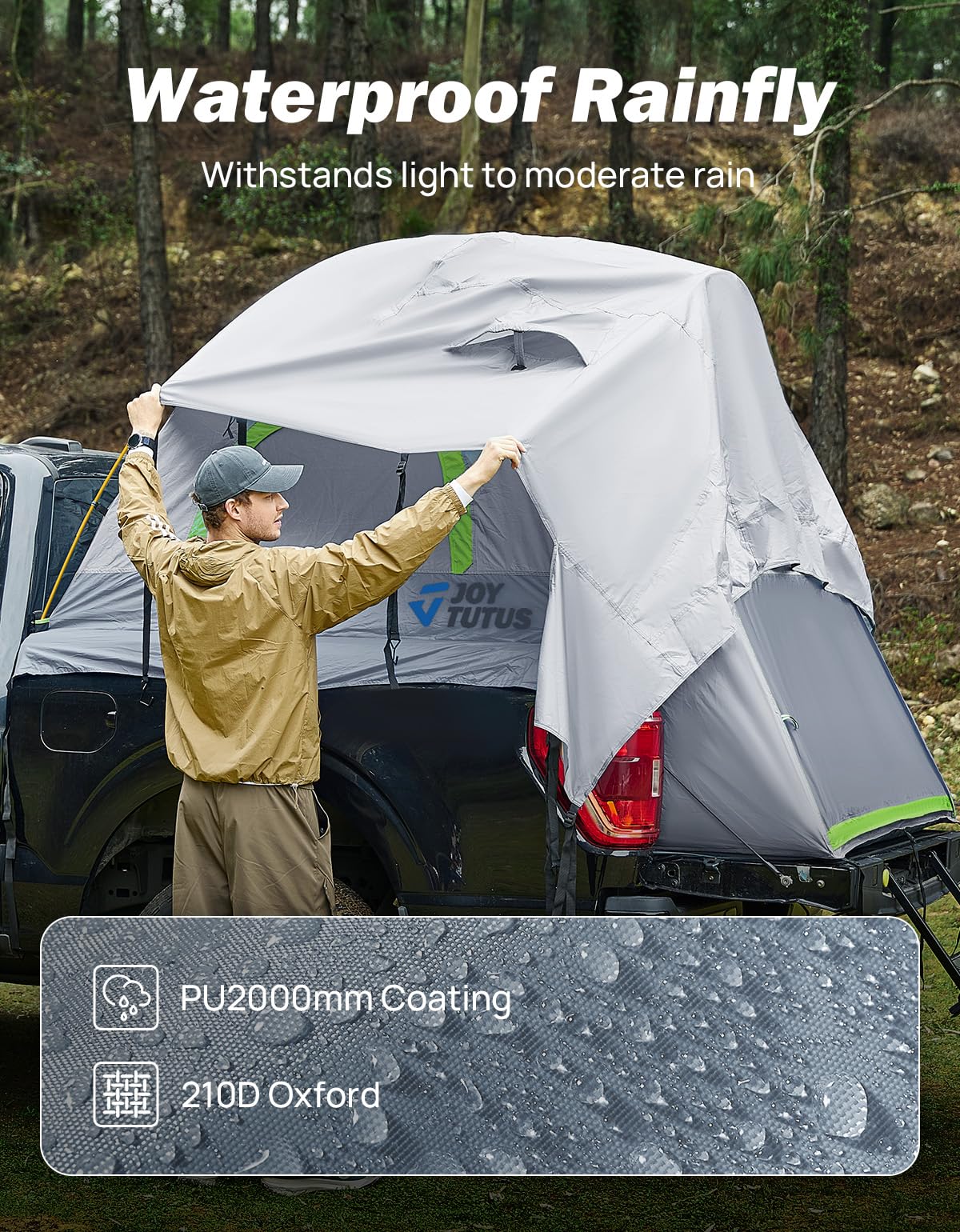 JOYTUTUS Pickup Truck Tent 5ft 2.0, Waterproof PU2000mm Double Layer for 2 Person, Portable Truck Bed Tent with Rainfly, Green, Aluminum Pole