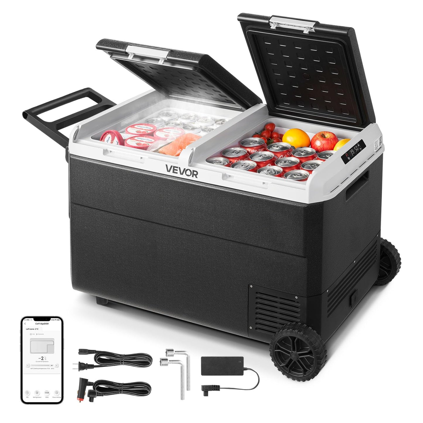 VEVOR 12 Volt Car Refrigerator, 100.4QT/95L Car Fridge, Dual Zone Portable Electric Cooler with Wheels and Handle, -4℉~68℉, 12/24V DC 100-240V AC Compressor Freezer for Outdoor, Camping, Travel, RV
