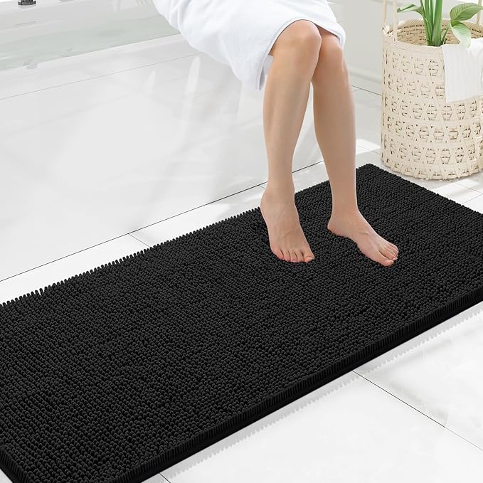 Smiry Luxury Chenille Bathroom Rugs 59x20, Extra Soft and Absorbent Shaggy Bath Mat, Machine Washable, Non-Slip Plush Carpet Runner for Tub, Shower, and Floor, Home Decor Accessories, Black