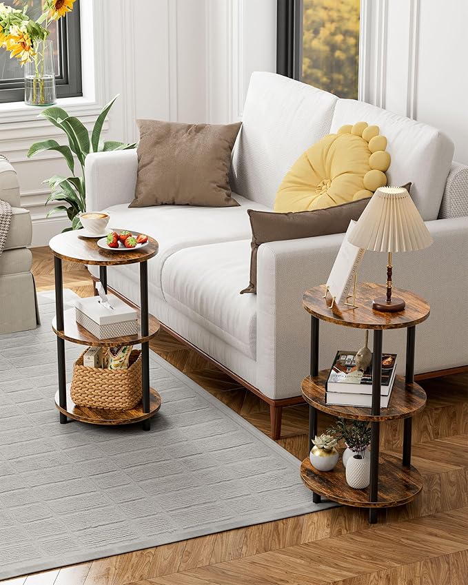 Small Round Side Table - 3-Tier Oval Accent Table for Small Spaces, Rustic Wood and Metal Couch End Table, Nightstand for Bedroom or End Table Living Room, Easy to Assemble, Rustic Brown