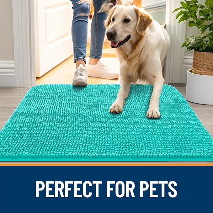 OLANLY Dog Door Mat for Muddy Paws 70x46, Absorbs Moisture and Dirt, Absorbent Non-Slip Washable Doormat, Quick Dry Chenille Mud Mat for Dogs, Entry Indoor Entryway Carpet for Inside Floor, Teal