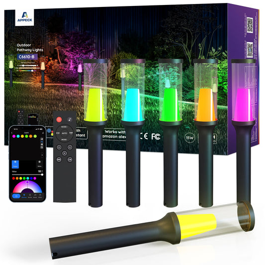 APPECK Pathway Lights Outdoor 800LM, RGBCW Low Voltage Landscape Lighting, Smart APP and Alexa Control, IP65 Waterproof, Color Changing Walkway Lights for Garden, Yard, Patio, Christmas, 6 Pack