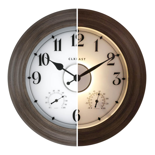 CLXEAST 24 Inch LED Illuminated Outdoor Clocks Waterproof with Thermometer & Hygrometer, Large Lighted Metal Wall Clock with Smart Night Light Sensor,Grey Oak Finish,House Warming Gifts New Home