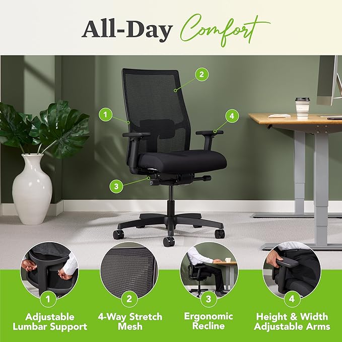 HON Ignition 2.0 Mid Back Task Chair, Spectrum Mesh, Advanced Synchro-Tilt Control, Office Chair with Lumbar Support, Height and Width Adjustable Arms, Black Frame, Sky